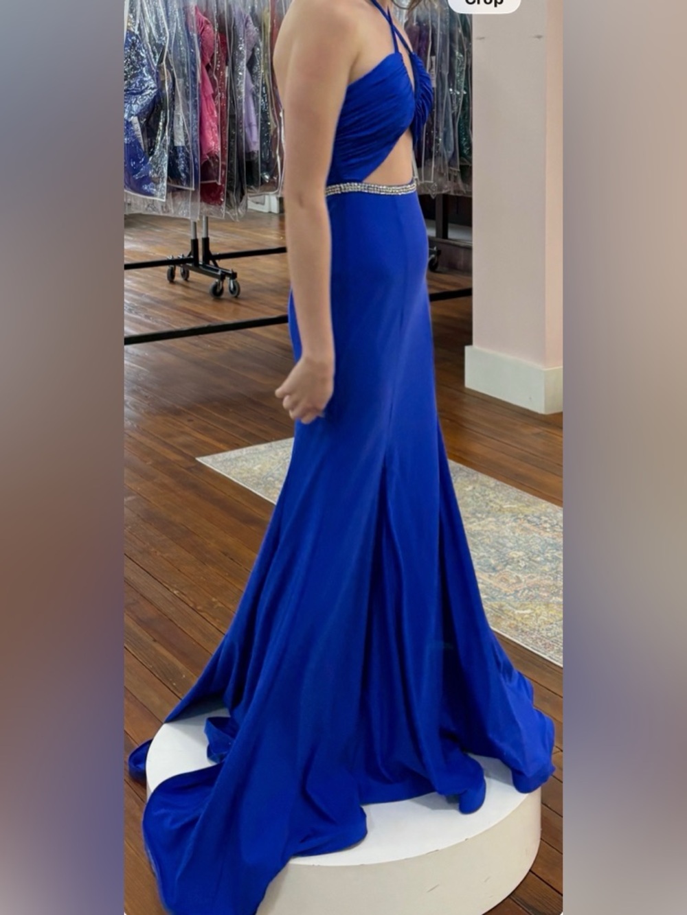 Royal Blue Cutout Evening Gown with Rhinestone Waist